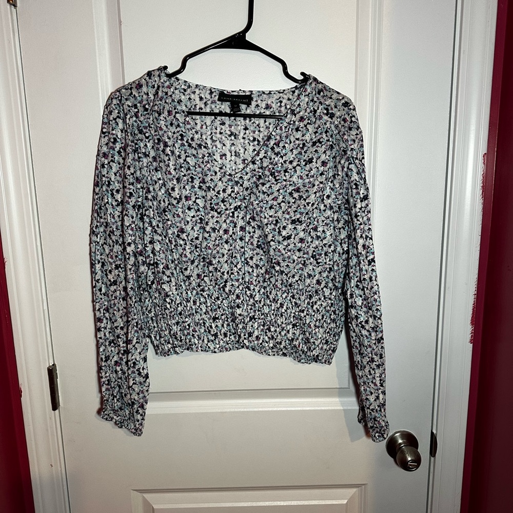 Lane Bryant White and blue floral blouse long sleeve Crop Top
